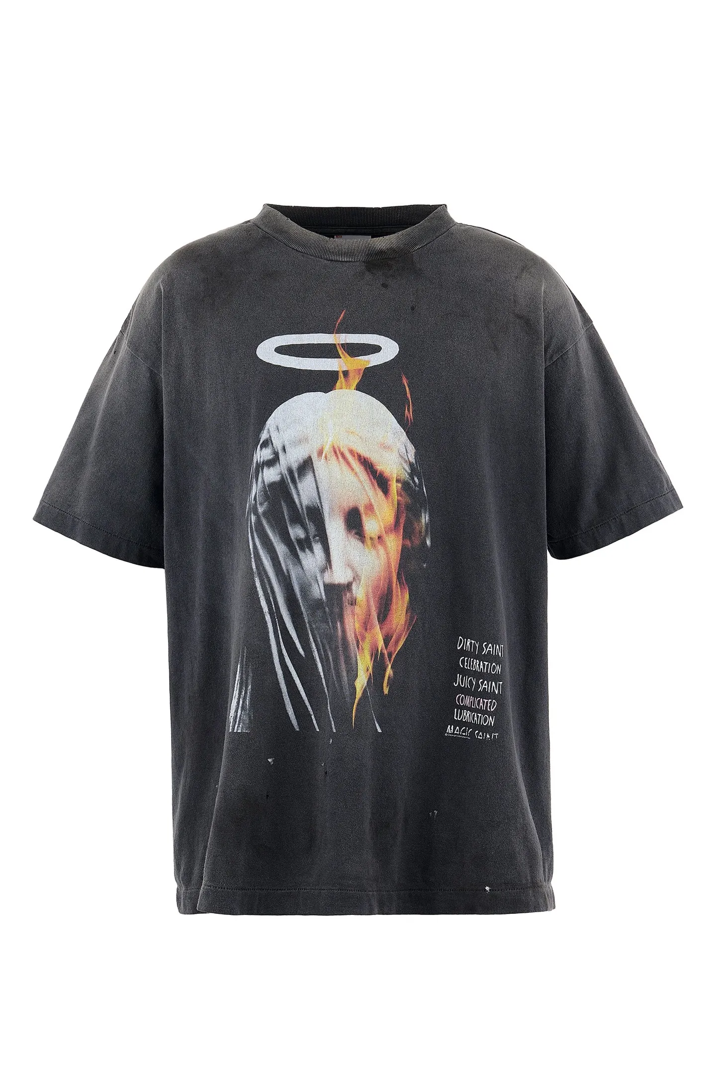 SAINT Mxxxxxx SS TEE/DEVIL DADDY/BLK Virgin Mary retro distressed printed tee, washed black S-XL, this season's hottest item, in order to give you an authentic experience, repeated debugging and polishing in printing and washing, finally meet you, the same old style, the same as the original version, cylindrical side seam OE yarn fabric/completely matched accessories, garment dyeing, heavy washing and water fading, bust bandage fading.